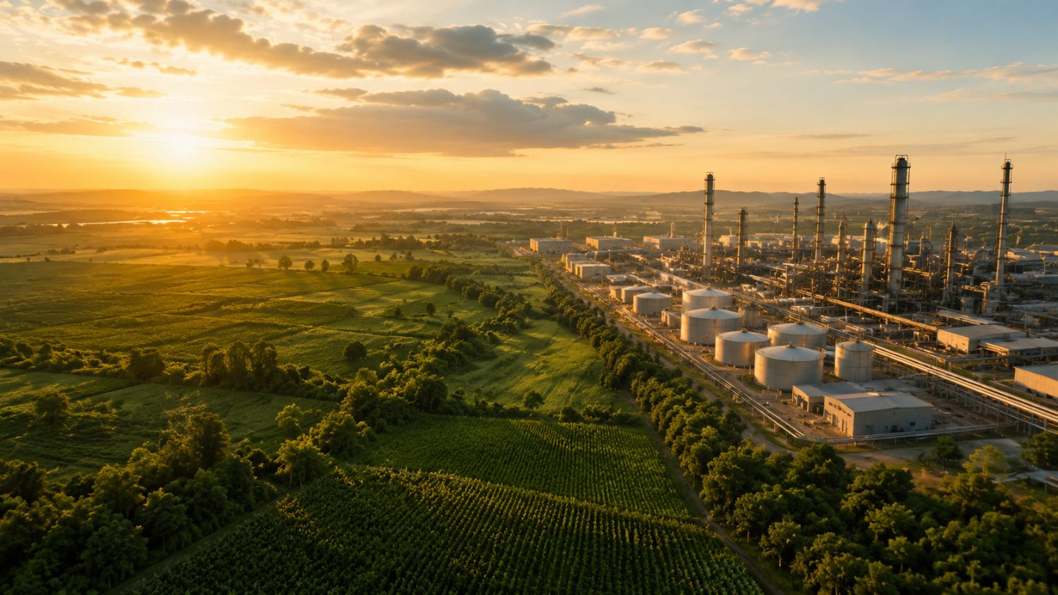 Sunrise over a green-energy facility and farmland