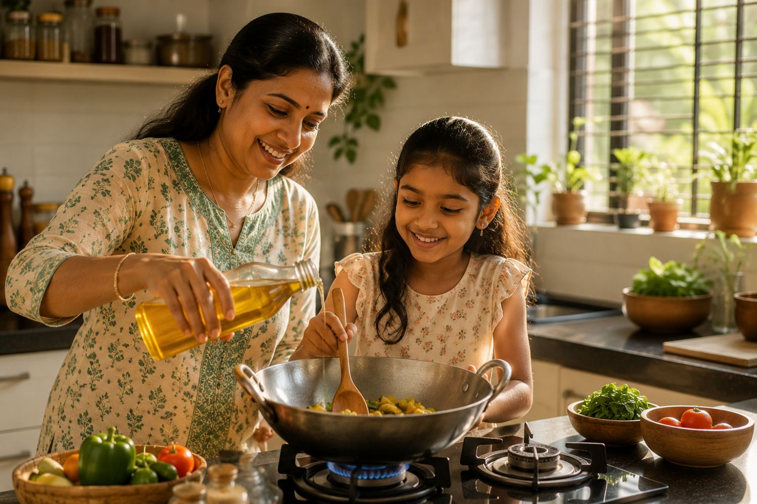 A family cooking together at home