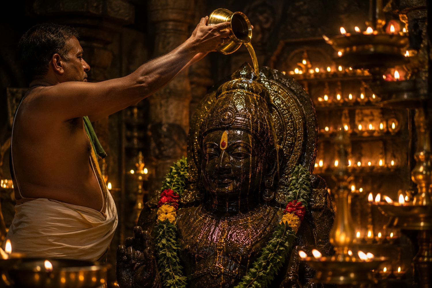 A priest pouring oil over a temple idol amid oil lamps