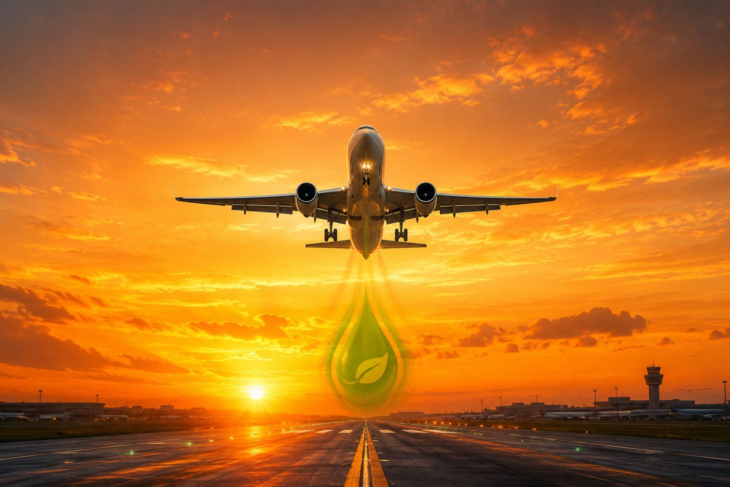 Aircraft taking off at sunrise